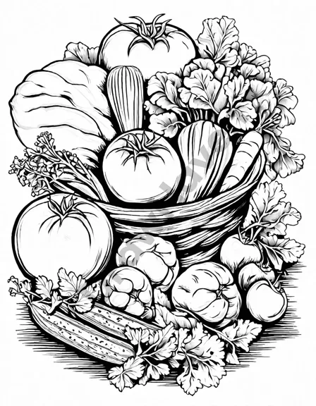 coloring book page featuring a basket of assorted, detailed vegetables for creative coloring in black and white