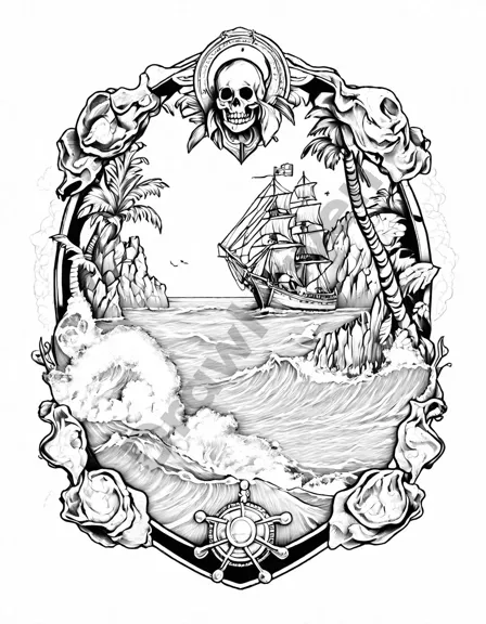 Coloring book image of hidden cove with gold, jewels, and treasure maps from pirate era in black and white