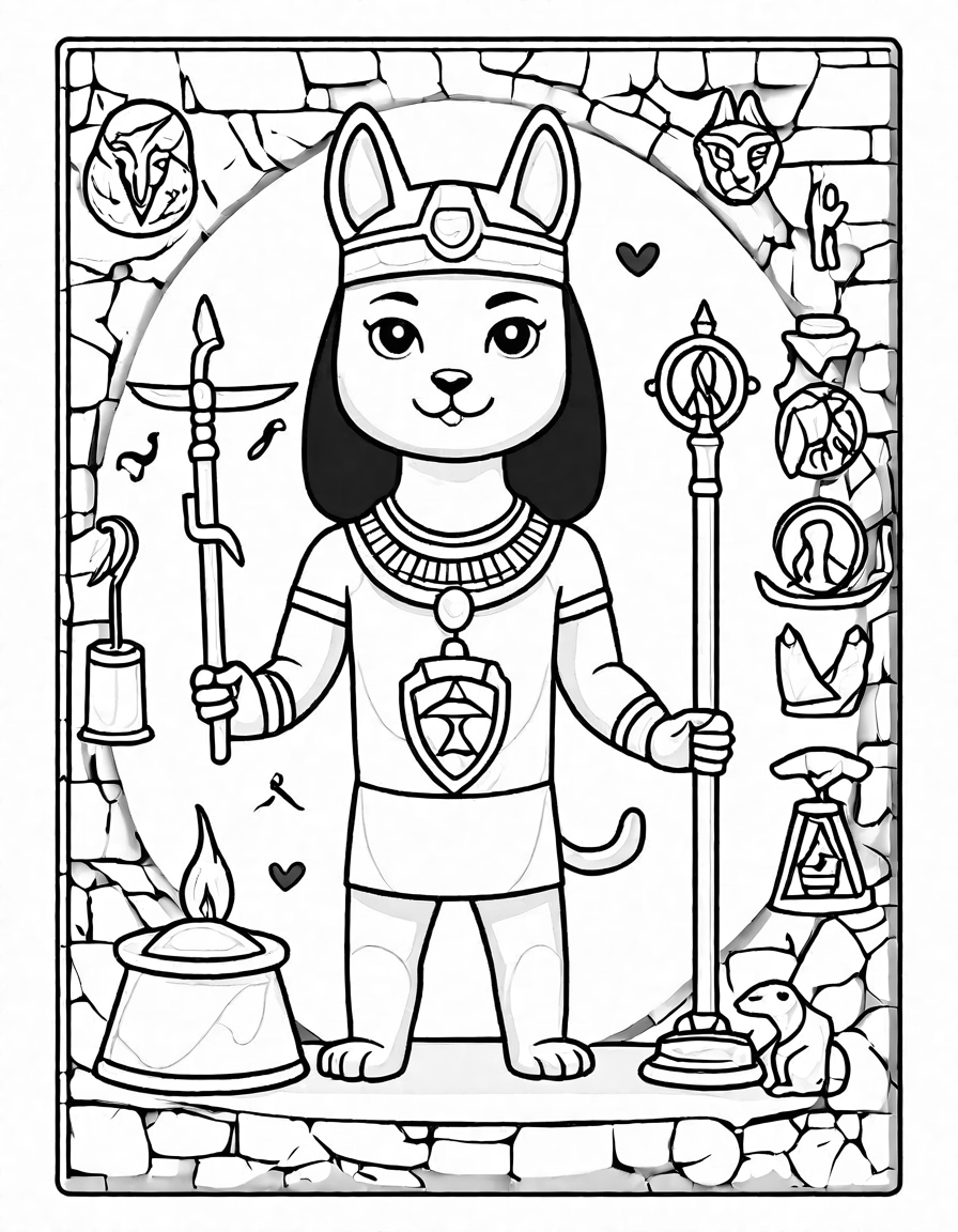 ancient egypt coloring page featuring the book of the dead, anubis, and the eye of horus in black and white