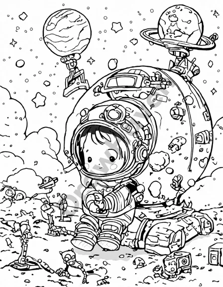 satellite orbiting earth coloring page with intricate space design for children and adults, featuring detailed earth and satellite components in black and white