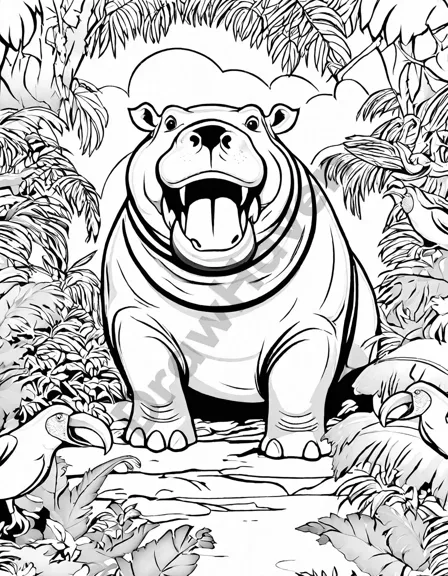 coloring page of a yawning hippopotamus surrounded by vibrant birds and lush jungle foliage in black and white