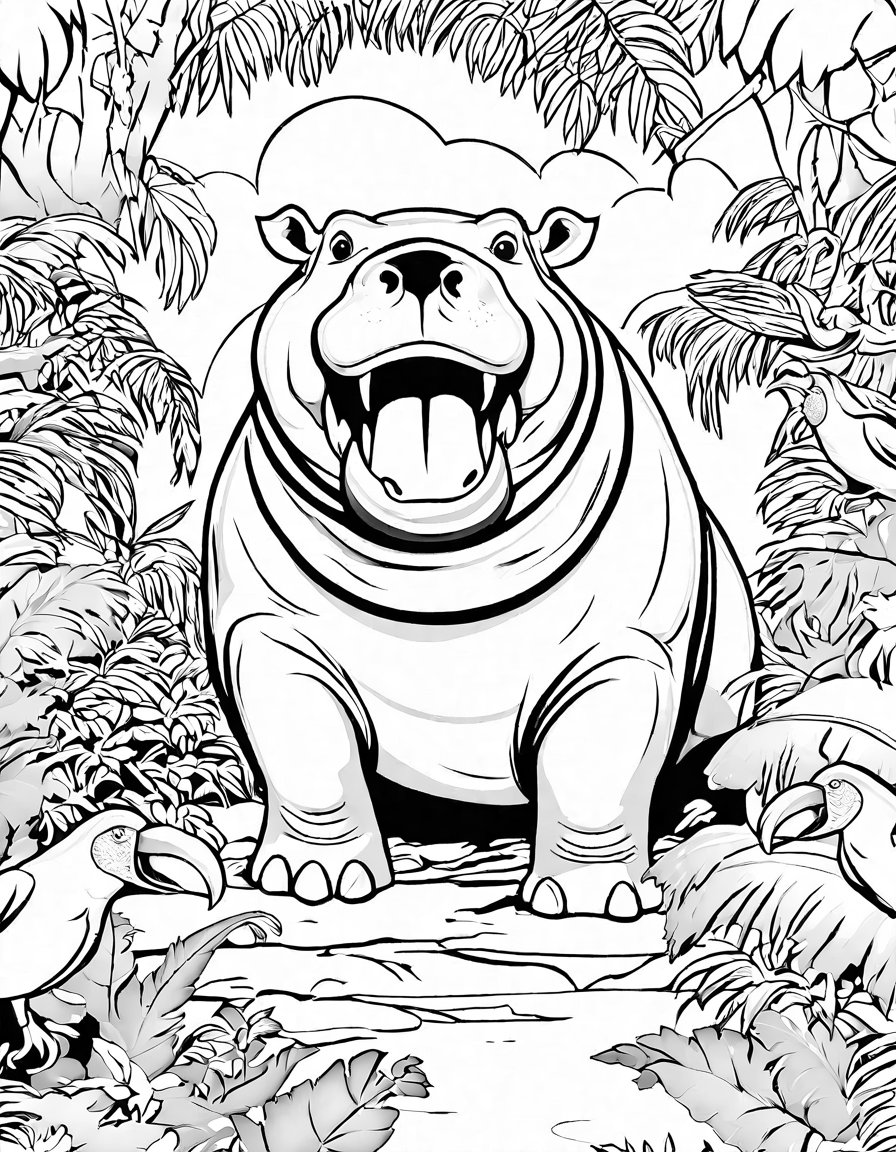 coloring page of a yawning hippopotamus surrounded by vibrant birds and lush jungle foliage in black and white