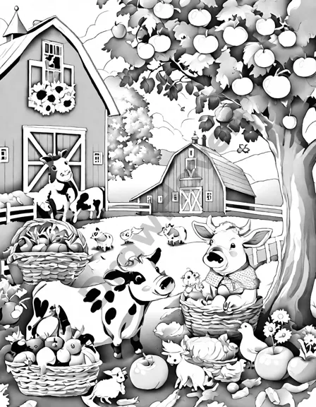 Coloring book image of farm animals enjoy a picnic with fresh produce under a tree, near a red barn and sunflower field in black and white