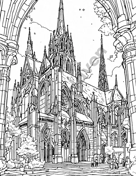gothic cathedral coloring page with intricate details - spires, flying buttresses, stained glass windows, tracery, and sculptures in black and white