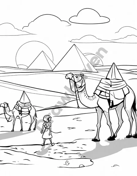 coloring page of the great pyramids of giza at sunset with camels and riders in the foreground in black and white