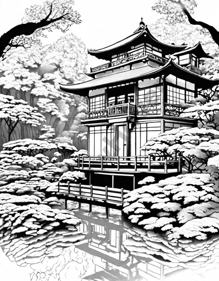 Coloring book image of serene japanese teahouse amidst a tranquil pond, surrounded by intricate latticework and verdant foliage in black and white