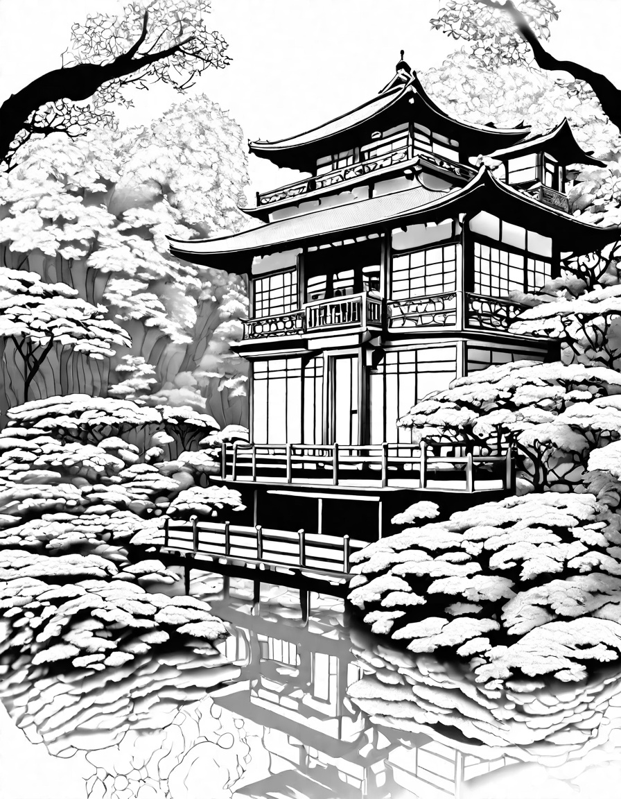 Coloring book image of serene japanese teahouse amidst a tranquil pond, surrounded by intricate latticework and verdant foliage in black and white