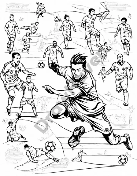 coloring page of a coach discussing strategy with players using a soccer field diagram in black and white