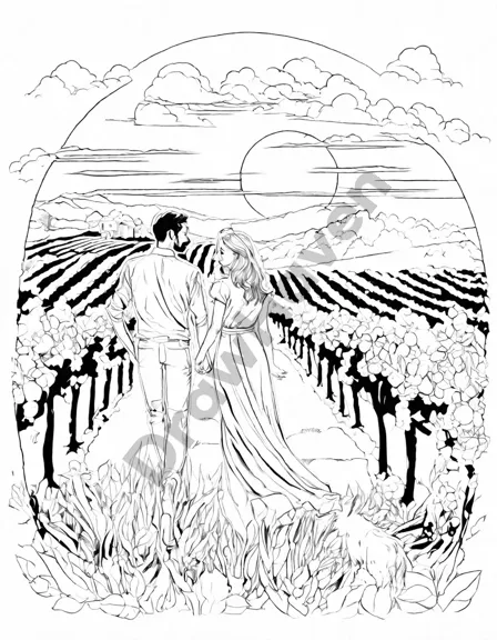 Coloring book image of serene vineyard sunset with a couple toasting amid grapevines in black and white