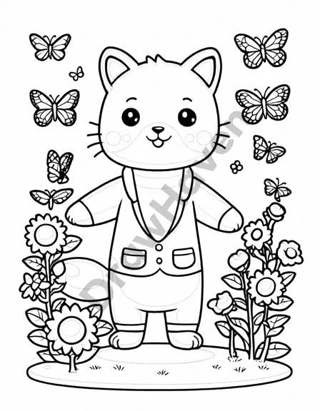 coloring page featuring butterflies in a flower field with sunflowers and cherry blossoms in black and white