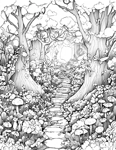 mystical coloring scene of a hidden path winding through an enchanted forest, leading to a secret fairy realm amidst vibrant blooms, sparkling crystals, and twinkling fireflies in black and white