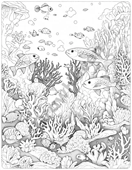 Coloring book image of vibrant underwater scene with colorful corals, fish, and anemones in black and white