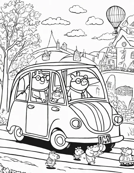 Coloring book image of peppa pig and family ride in a blue car together, creating happy memories in black and white