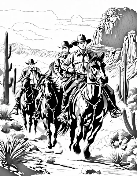 wild west scene coloring page with rustlers stealing cattle and sheriff in pursuit in black and white