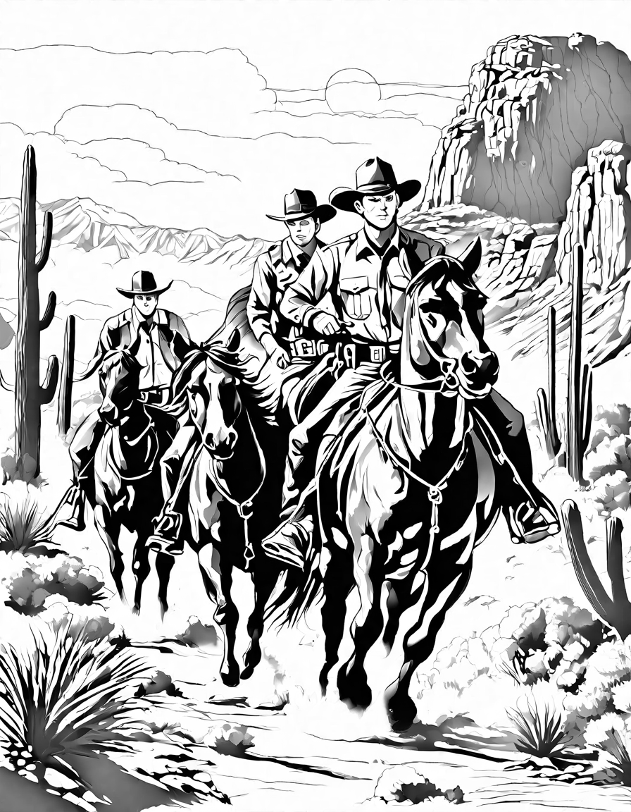 wild west scene coloring page with rustlers stealing cattle and sheriff in pursuit in black and white