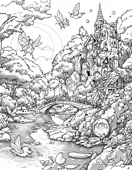 Coloring book image of enchanted crystal lake of fairies with vibrant colors, majestic willows, and a tiny ornate bridge in a hidden valley in black and white