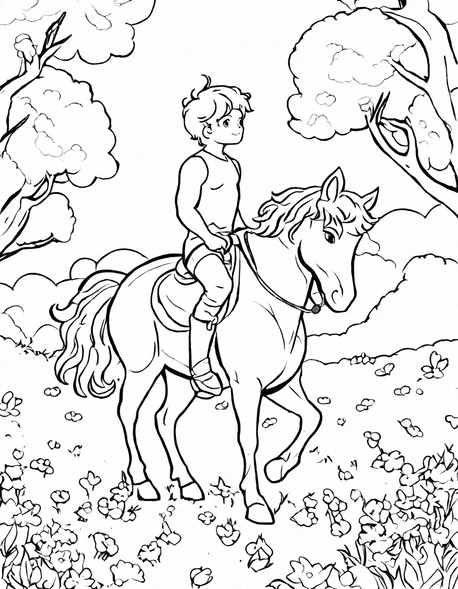 majestic centaur with a silver bow in the enchanted centaur's meadow among fairies and will-o'-the-wisps. a magical coloring book image for artists in black and white
