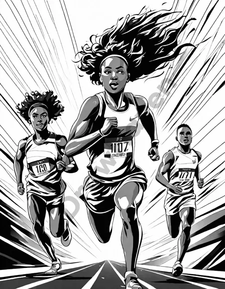 coloring page of athletes sprinting in a track and field race with a cheering crowd in the background in black and white
