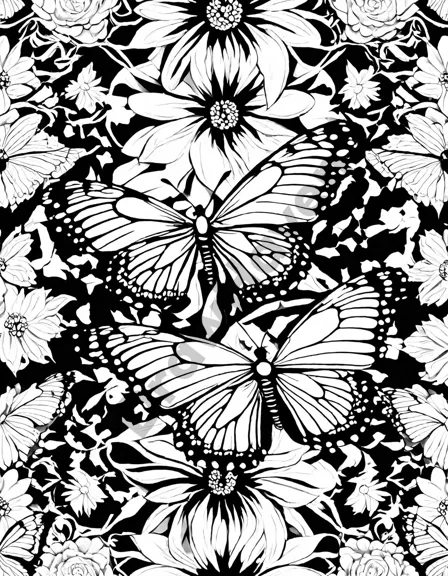 coloring page of butterflies over a garden of colorful dahlias in sunlight in black and white