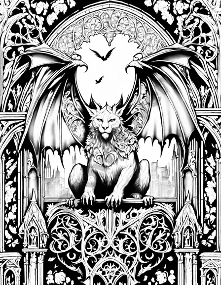 intricate gothic cathedral's menacing whispering gargoyles perch on towering spires, inviting artistic exploration in this captivating coloring page in black and white