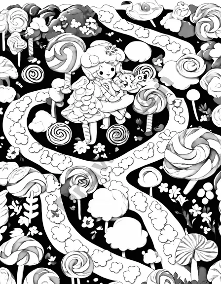 coloring book page of minty meadow in candy land with peppermint flowers and chocolate soil patches in black and white