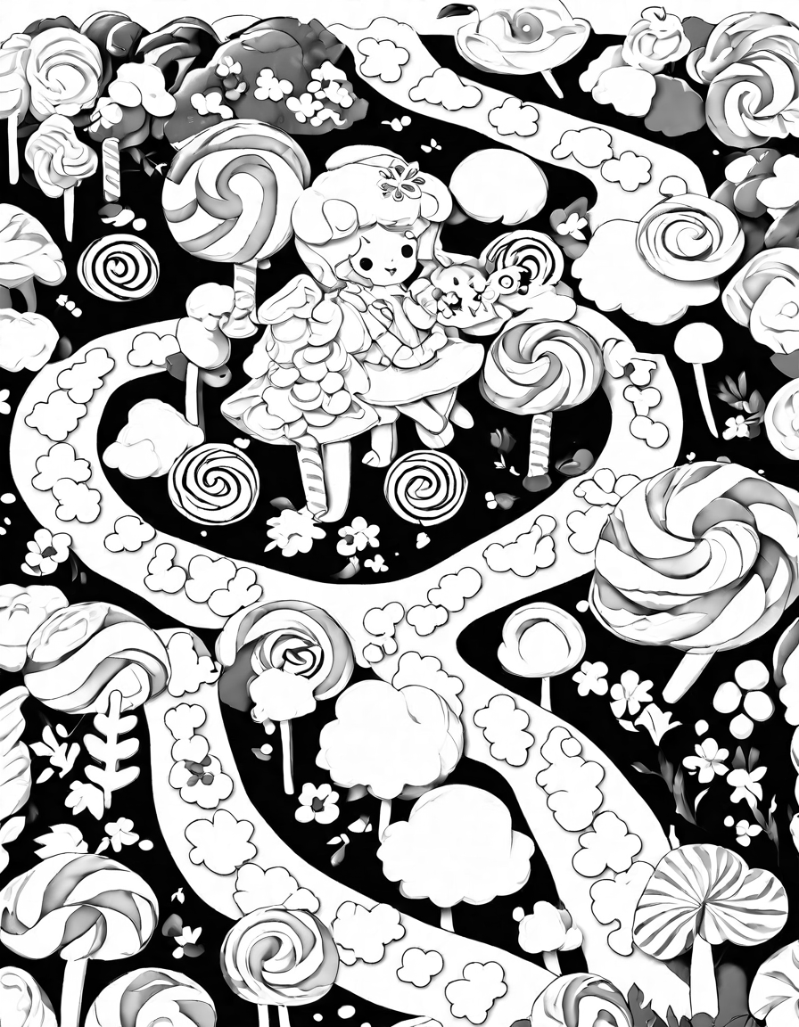 coloring book page of minty meadow in candy land with peppermint flowers and chocolate soil patches in black and white