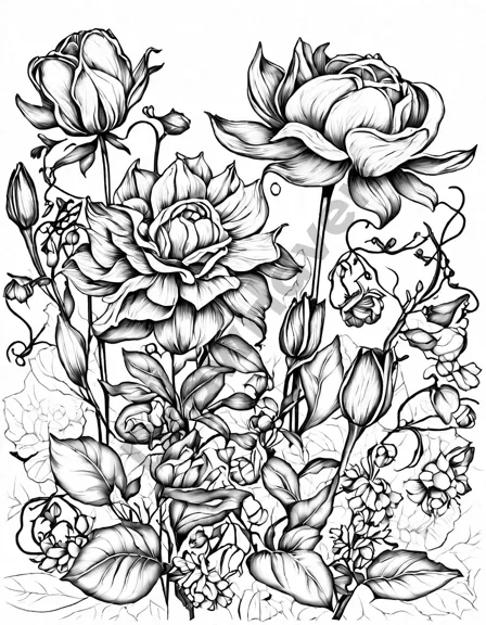 intricate floral coloring page featuring roses, dahlias, and tulips in black and white