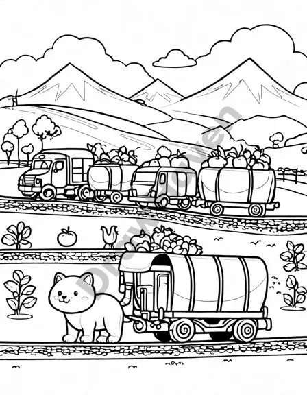 coloring book page of cargo trains traversing cities, farms, and mountains, carrying goods in black and white