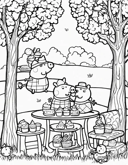 Coloring book image of peppa pig and friends enjoy a sunny picnic under a shady tree, surrounded by green grass in black and white