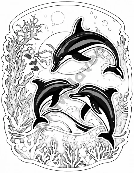 dolphins and sea creatures in a playful underwater scene for coloring in black and white