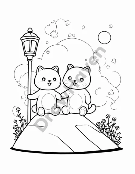 valentine's day coloring page featuring lovers under stars with a lamppost in black and white