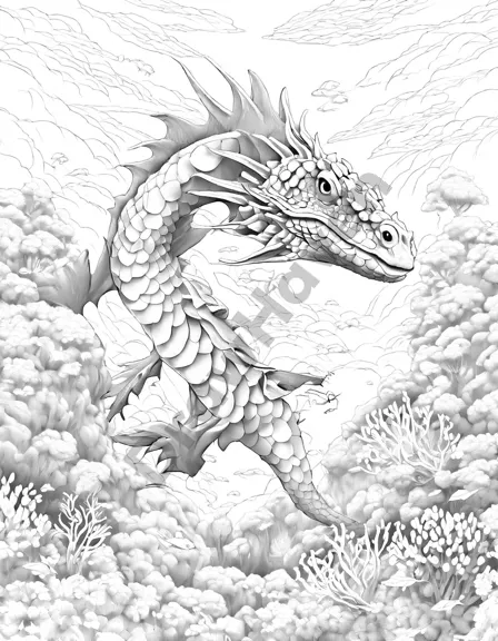 Coloring book image of illustration of an underwater sea dragon's lair with coral towers and colorful sea dragons in black and white