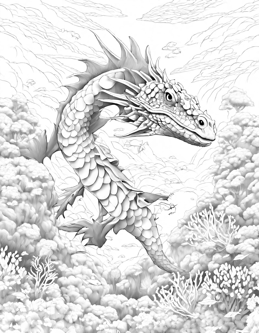 Coloring book image of illustration of an underwater sea dragon's lair with coral towers and colorful sea dragons in black and white