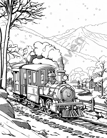 vintage steam train in a snowy landscape coloring page with glowing windows in black and white