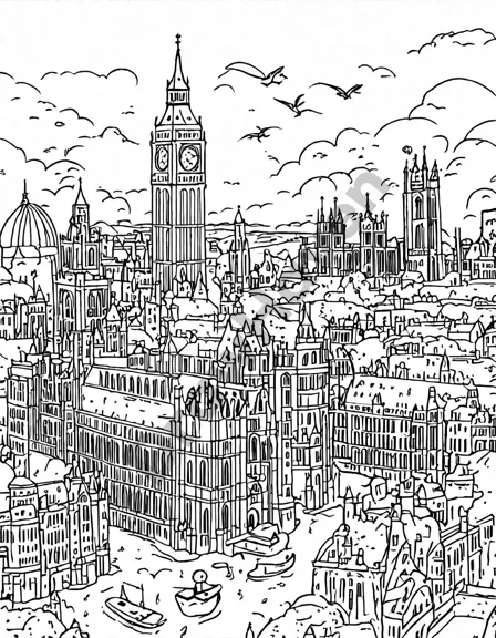 captivating coloring page of london's iconic big ben, adorned with intricate embellishments and set against a golden sunset over the river thames in black and white