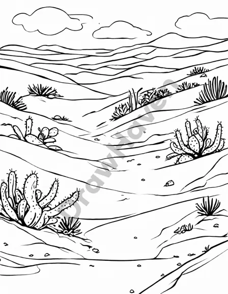 surreal desert coloring page featuring dancing sands, human-like cacti, and distorted objects blurring reality and imagination in black and white