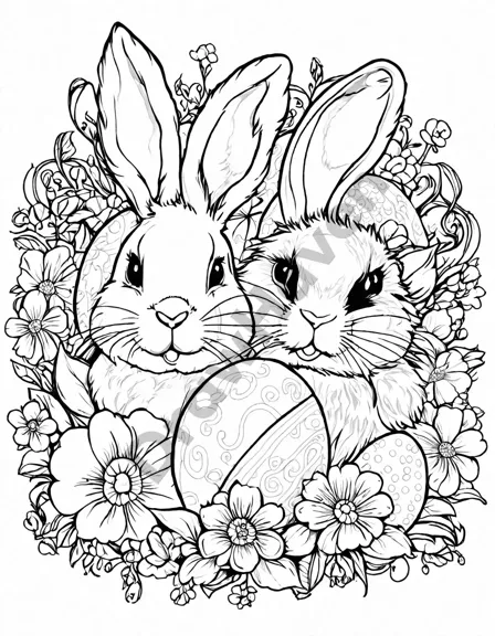 intricately designed easter basket coloring page with bunnies, patterned eggs, and treats in black and white
