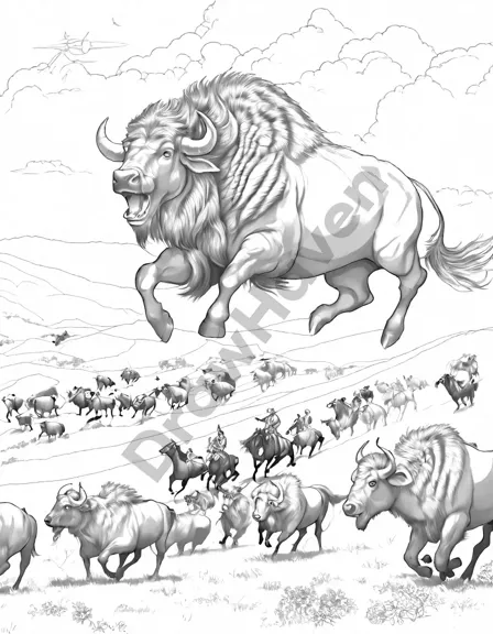 coloring page of a buffalo stampede with cowboys and cowgirls in the wild west in black and white