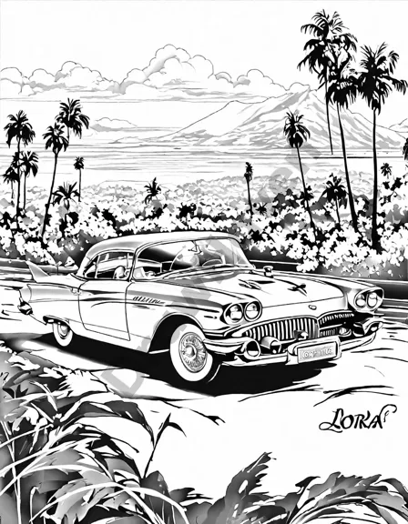 iconic hollywood cars coloring page featuring elvis presley's cadillac and marilyn monroe's mercedes in black and white