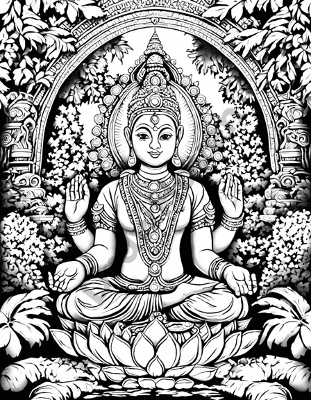 coloring page of majestic hindu temples with intricate carvings, spires, and stone sculptures set in lush landscapes in black and white