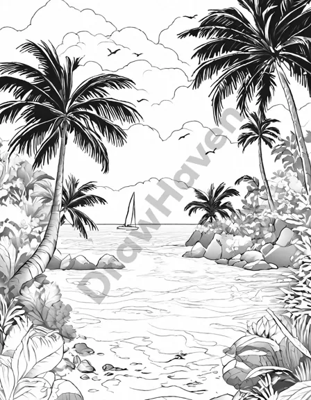 tranquil tropical paradise coloring page with azure waters, coral reef, palm trees, and golden sunlight in black and white
