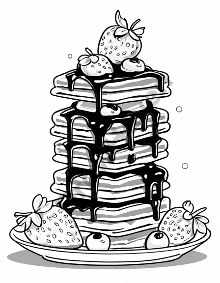 intricate waffle extravaganza coloring page with tower of fluffy waffles topped with strawberries, blueberries, whipped cream, and chocolate sauce in black and white