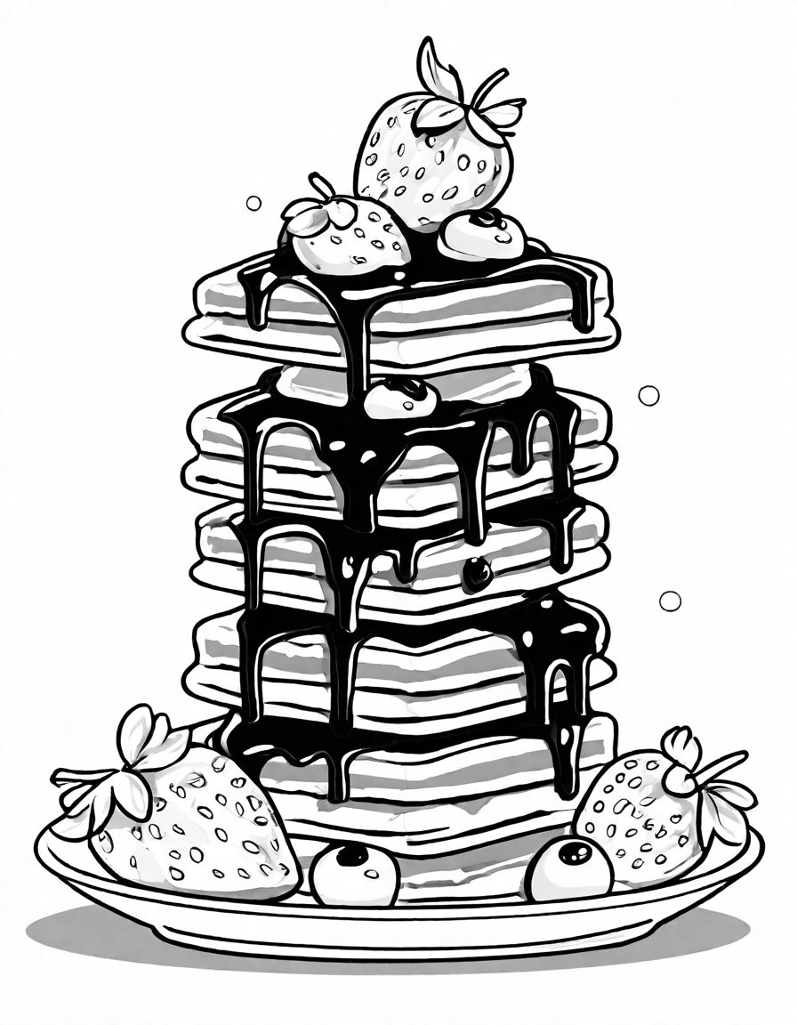 intricate waffle extravaganza coloring page with tower of fluffy waffles topped with strawberries, blueberries, whipped cream, and chocolate sauce in black and white