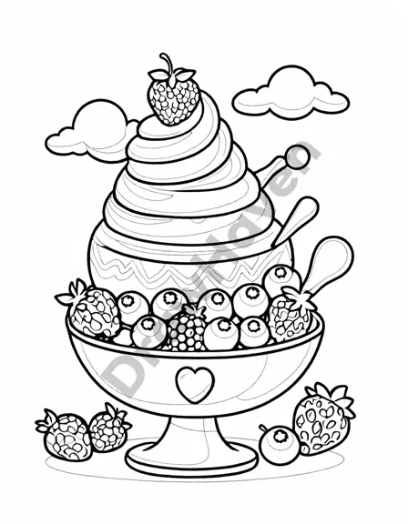 Coloring book image of colorful berry burst sorbet in a bowl surrounded by whimsical ice cream shop decor in black and white