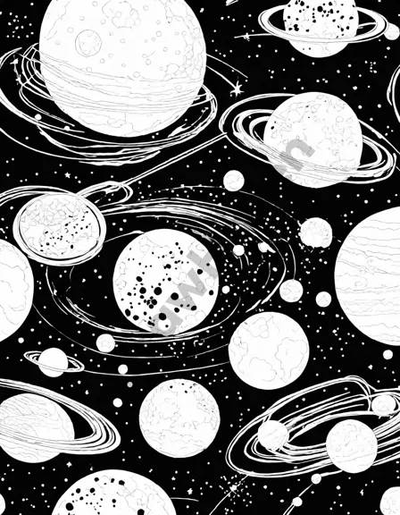 coloring book page featuring a detailed asteroid belt in space, ideal for space enthusiasts to bring to life with vibrant colors in black and white