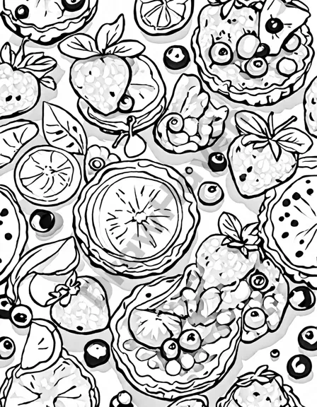 colorful fruit tarts arranged on a page, perfect for coloring: strawberries, blueberries, raspberries, and lemons in black and white
