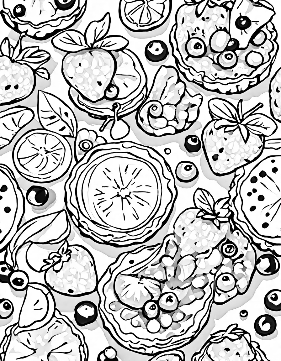 colorful fruit tarts arranged on a page, perfect for coloring: strawberries, blueberries, raspberries, and lemons in black and white