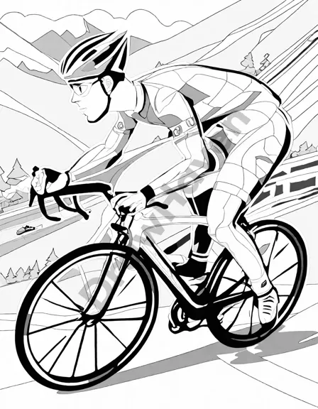 coloring book page of a thrilling cycling race with athletes in detailed outfits on mountain road in black and white