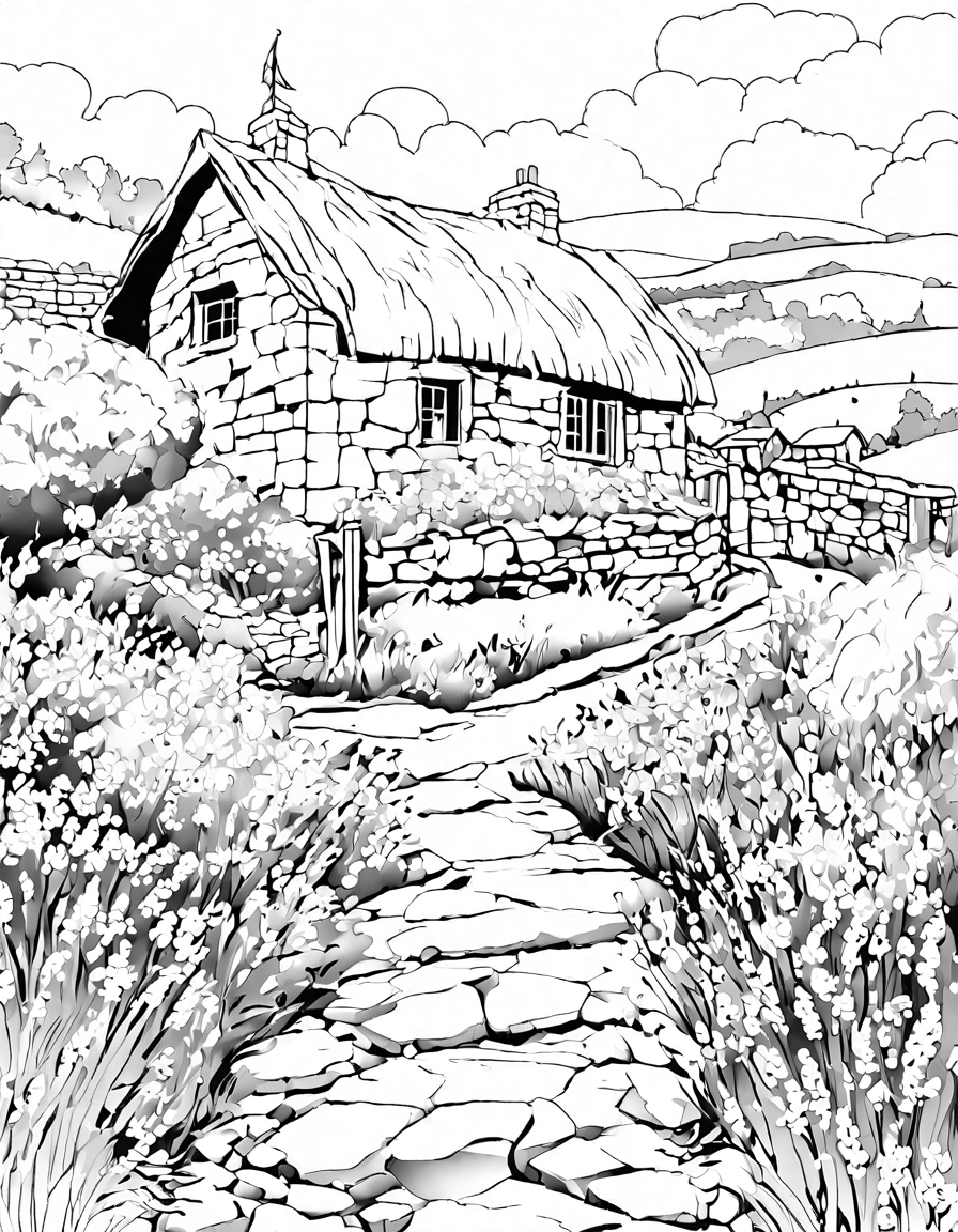 coloring page of lavender fields with a stone cottage under a clear sky in black and white