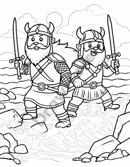 viking warriors duel on shoreline with longships in background, ready for coloring in black and white